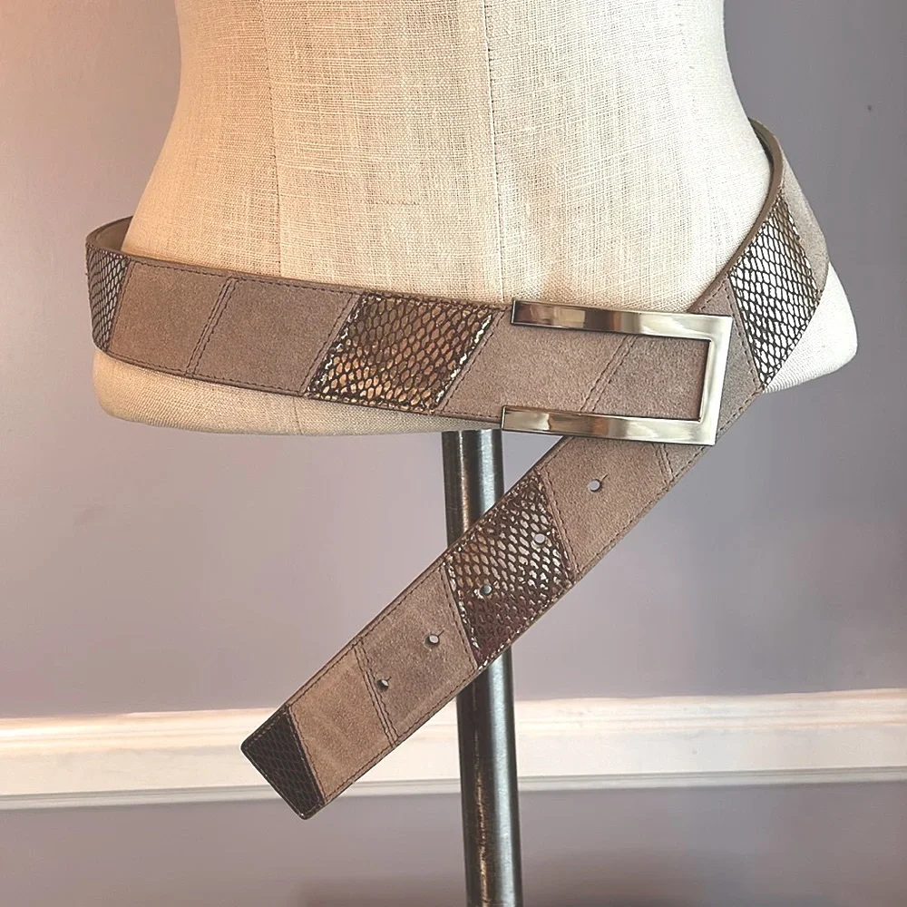 White House Black Market tan suede and gold snakeskin patchwork leather belt